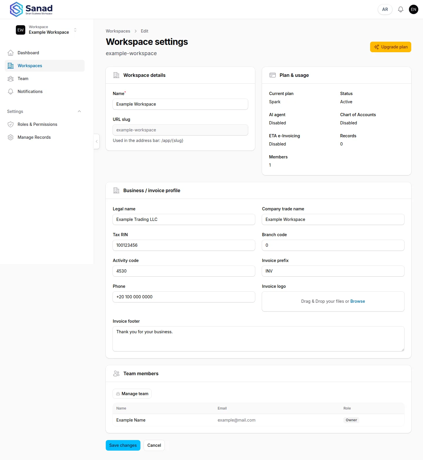 Fill the Business / invoice profile