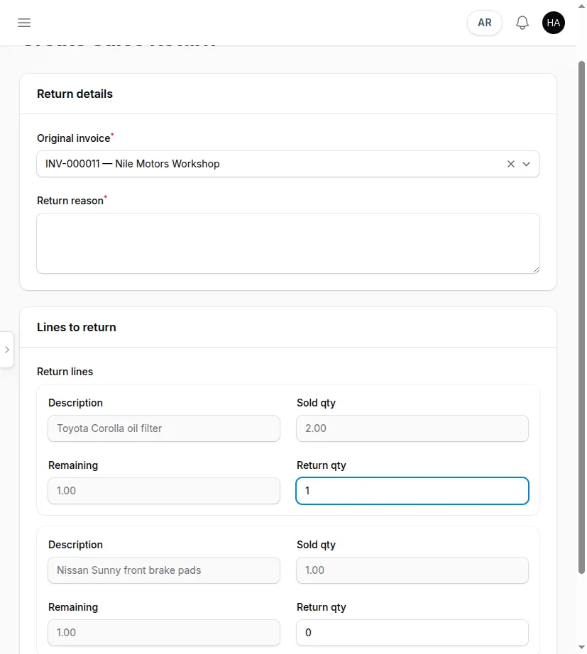 Set return quantities