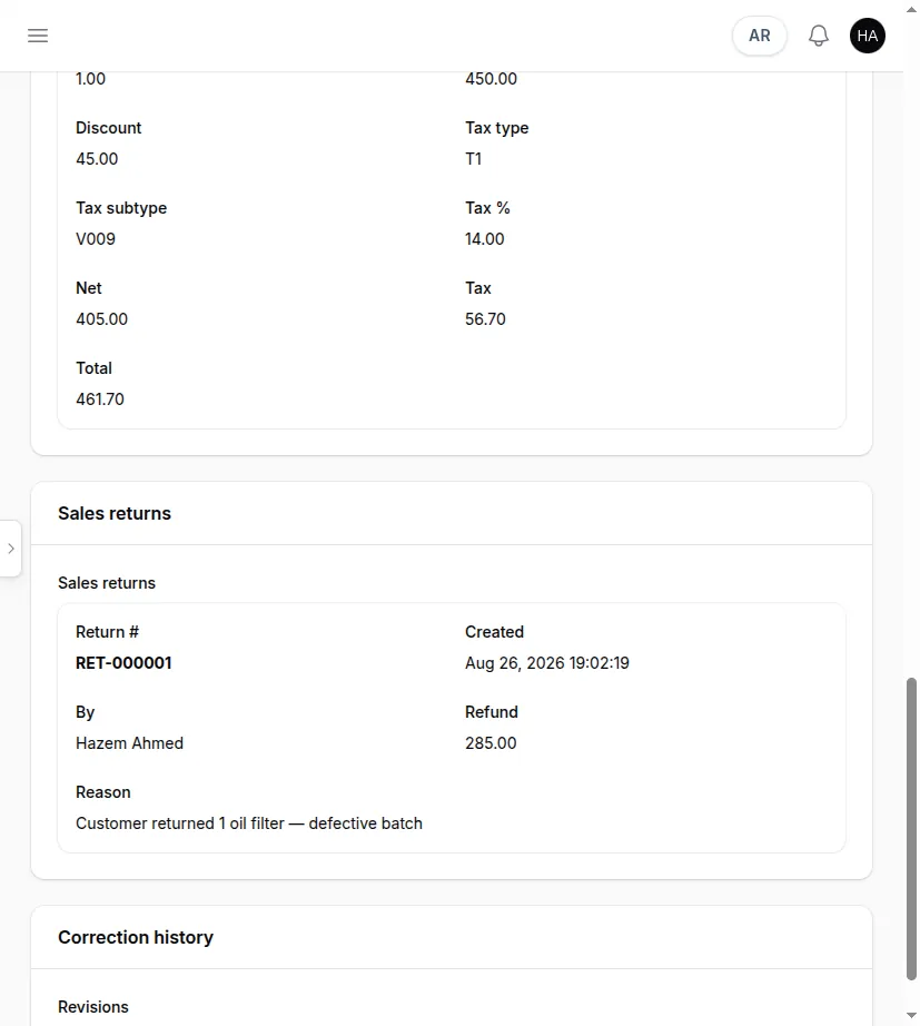 See returns on the invoice